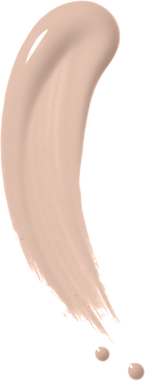 Ett beige-färgat kosmetikprodukt, som foundation eller concealer, i en kurvig form med glansig textur.