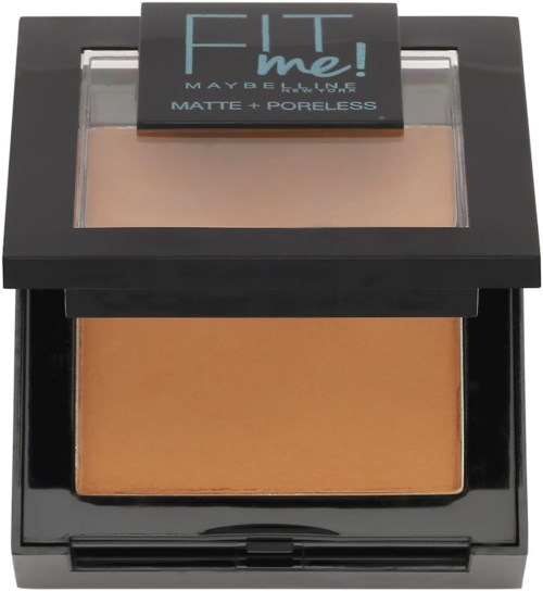 A makeup compact with beige powder and darker bronzer inside, labeled 'FIT Me!' by Maybelline.