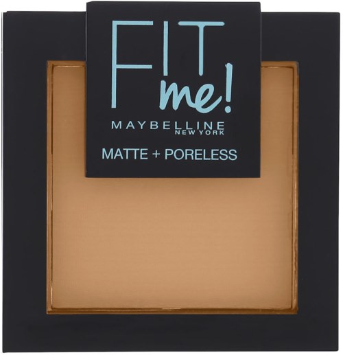 Meikkipakkaus mustasta kehyksestä, beigepöly, ja merkki "FIT me!" sinisellä, sekä Maybelline-tähti.