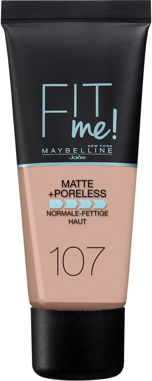 En tub med Maybelline Fit Me! foundation för matt och porfri hud, nyans 107, i beige färg. Den är svart och beige.