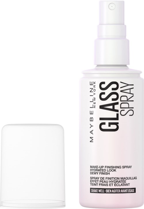 En vit sprayflaska märkt 'Glass Spray' med ett genomskinligt lock bredvid. Används för smink eller städning.