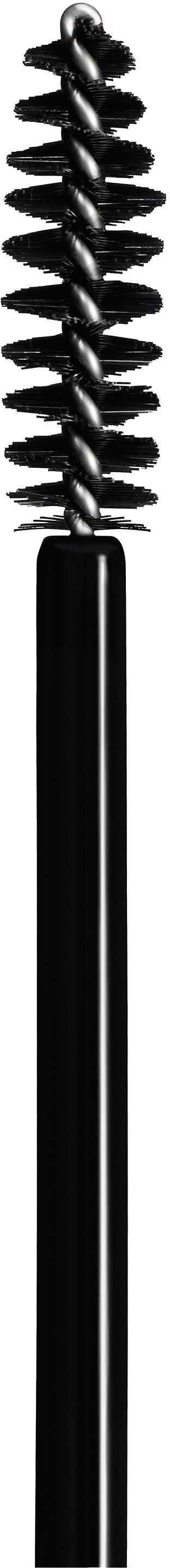 A black mascara wand with a curved, spiral brush and a straight handle.