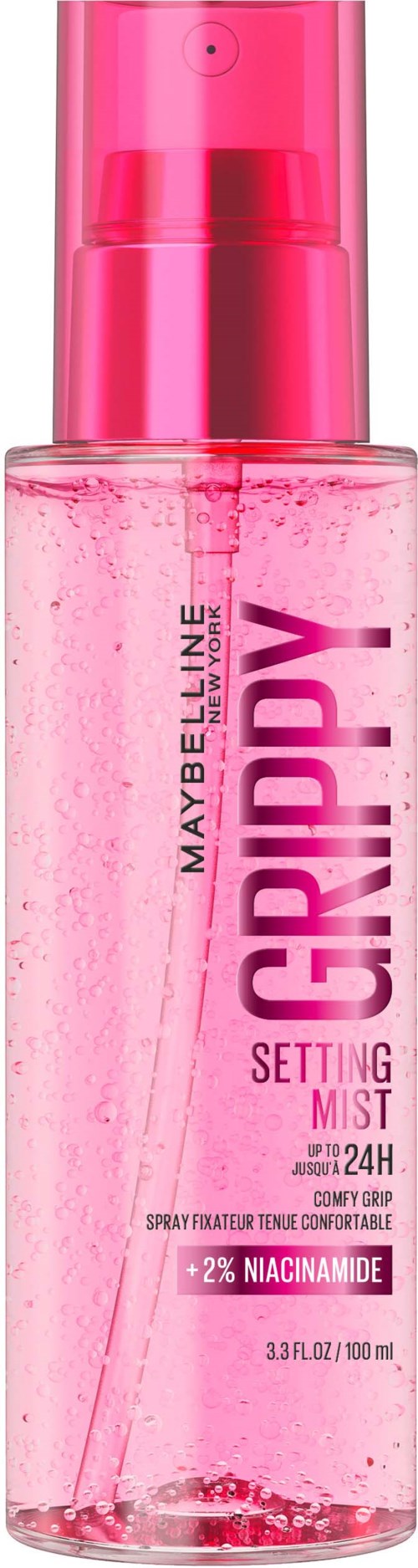 A pink spray bottle with the words 'GRIPPY' and 'SETTING MIST' on it, designed for makeup setting.