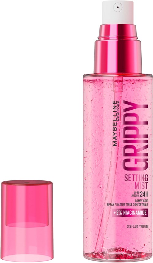 Pink spray bottle with a cap, labeled Maybelline Baby Lips setting mist, containing 2% niacinamide, 3.3 fl oz.