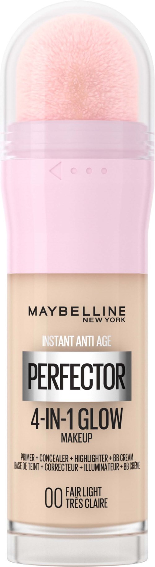 En rosa foundation-stift med en fluffig applikator, Maybelline-märke, märkt som 'Perfector 4-in-1 Glow' för ljus hud.