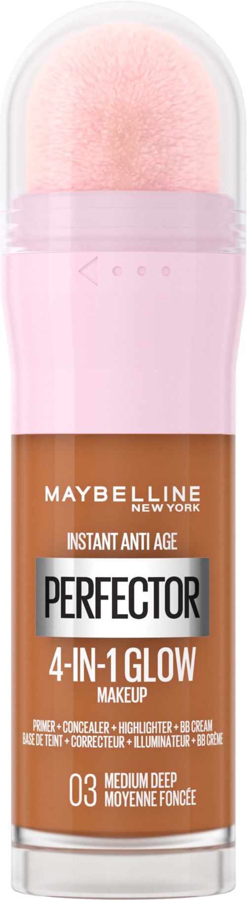 En rosa bærbar sminksvamp på et gjennomsiktig rør med Maybelline-merke og produktdetaljer.
