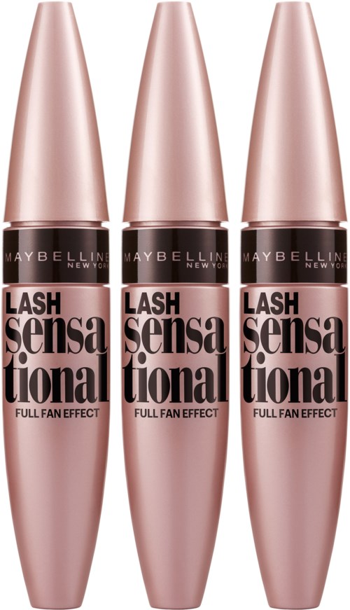 Tre rosa mascara-rör med svarta etiketter och rosa lock, vända framåt. De har orden 'Lash Sensational.'