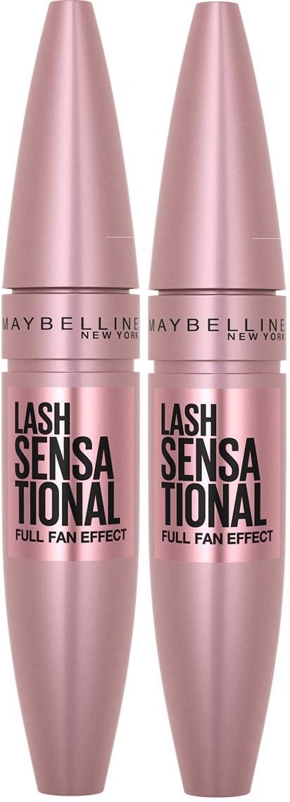 Kaksi vaaleanpunaisia Maybelline Lash Sensational ripsiväritölkkejä, joissa on täysi fänni-efekti.