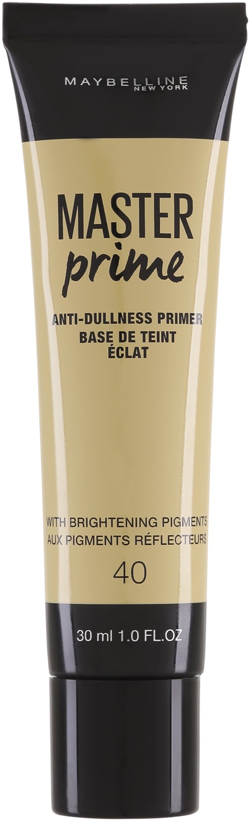 A tube of Maybelline Master Prime anti-dullness primer, light beige color, with black cap and text.