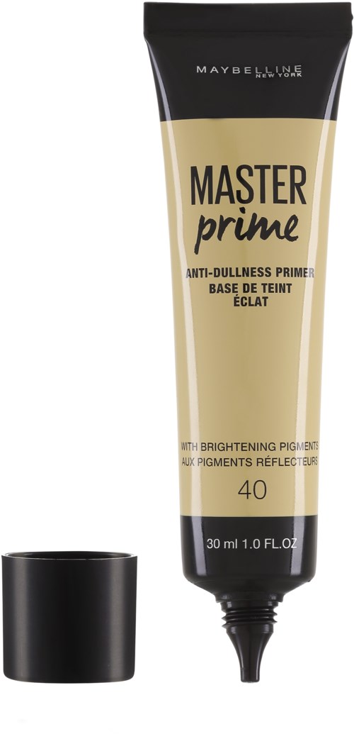 A tube of Maybelline Master Prime primer with a black cap, showing the label and shade number 40.