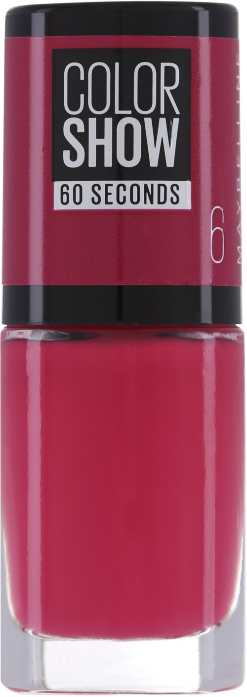En flaska nagellack märkt 'Color Show 60 Seconds' i rosa färg.
