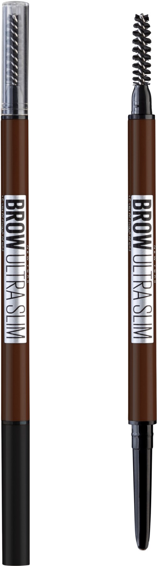 Two dual-ended makeup brushes for eyebrows or eyes, one with a flat brush and one with a spoolie. Brown handles.