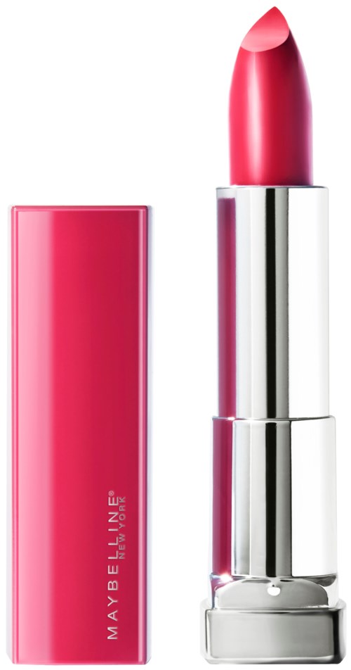 Ein pinker Lippenstift in einem silbernen Etui mit einer rosa Verpackung daneben.