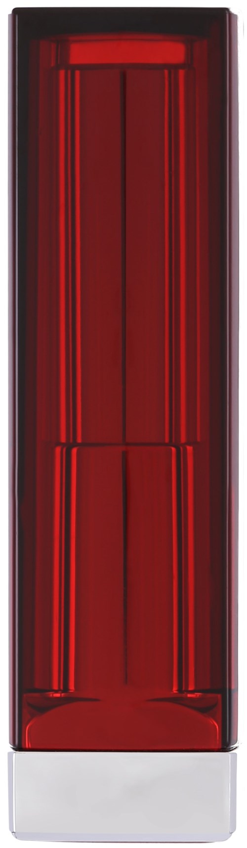 A tall, red vending machine with a clear door showing snacks inside and a white base.
