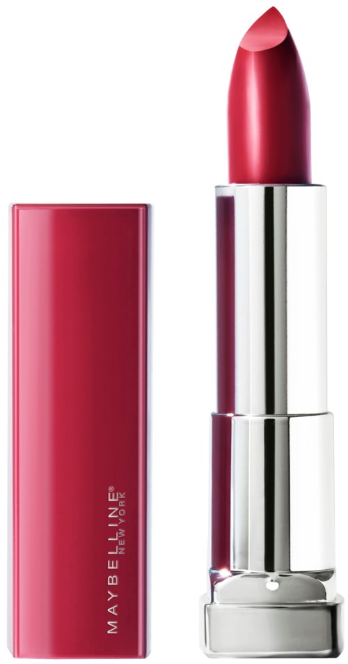 Ein Lippenstift in silberner Hülle mit pinker Kappe, neben einer pinken Schachtel, auf weißem Hintergrund.