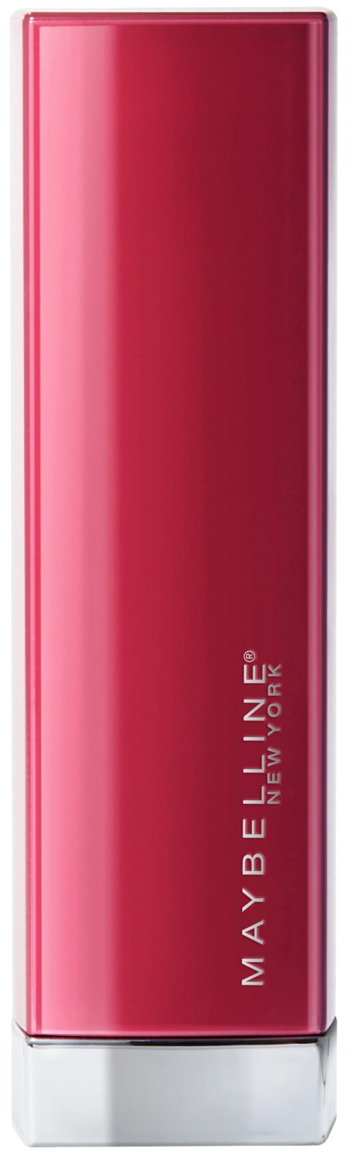Ein Maybelline Lippenstift in schlanker, pinker Hülse mit silberner Basis, beschriftet 'MAYBELLINE NEW YORK'.