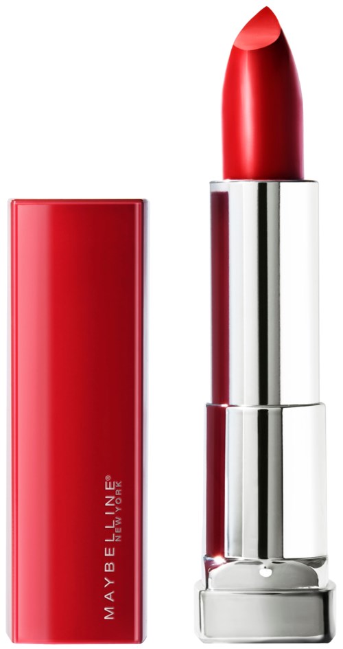 Ein roter Lippenstift in einem silbernen Gehäuse mit einer passenden roten Schachtel daneben.