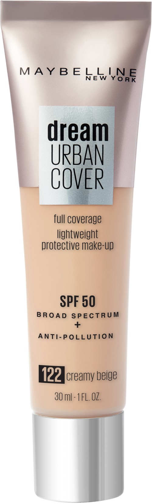 En tube med Maybelline Dream Urban Cover foundation med SPF 50, full dekning, lettvekts, og anti-forurensning.
