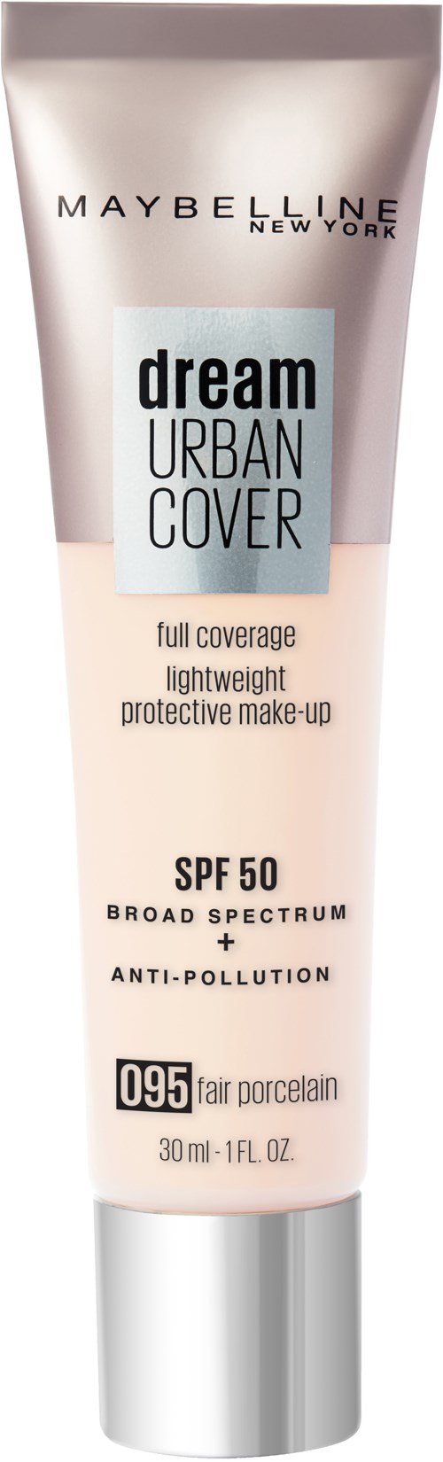 Maybelline Dream Urban Cover -meikkivoide SPF 50, täyttää hyvin, kevyt, suojaa saasteilta, putkessa.