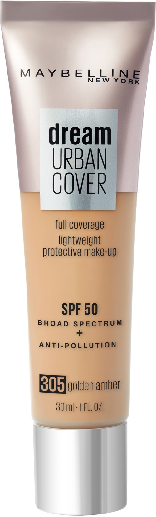 Maybelline Dream Urban Cover meikkuputki, SPF 50, kullanruskea sävy. Tarjoaa täyttävää, kevyttä peittoa.