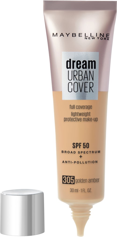 Maybelline Dream Urban Cover meikkivoide, SPF 50, kevyt, täydellinen peite, saasteille vastustuskykyinen, sävy 305 golden amber, 30 ml.