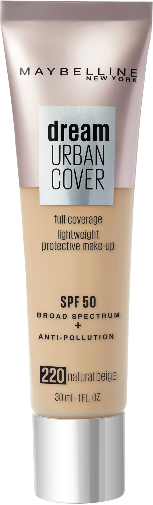 En tube fra Maybelline Dream Urban Cover-foundation med SPF 50 og bredspektret beskyttelse i nyanse 220.