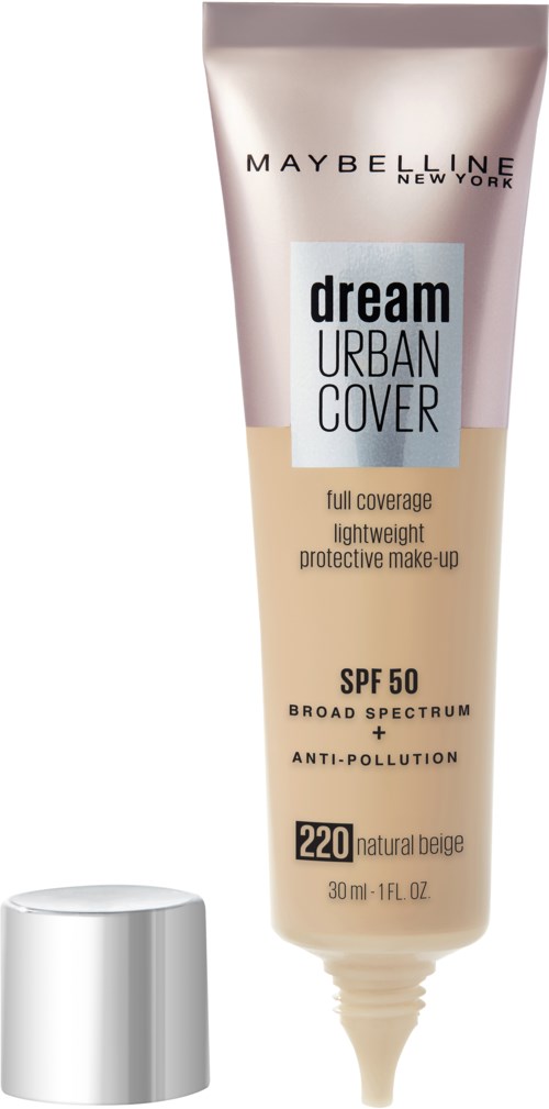 Maybelline Dream Urban Cover Foundation i beige, SPF 50, gir full dekning og beskyttelse.