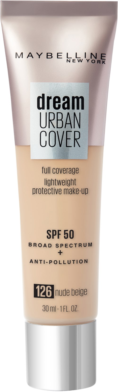 Maybelline foundationrør merket 'dream urban cover' i nude beige nyanse med SPF 50, 30ml.
