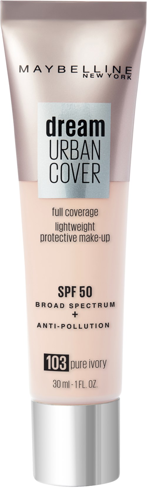 Maybelline Dream Urban Cover meikkipohja SPF 50, sävy 103 pure ivory, täydelliseen peittävyyteen ja suojaan.