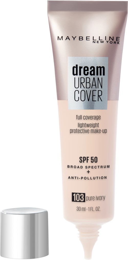 Maybelline Dream Urban Cover meikkiposki, SPF 50, sävy 103. Tarjoaa peittävän ja kevyen koostumuksen.