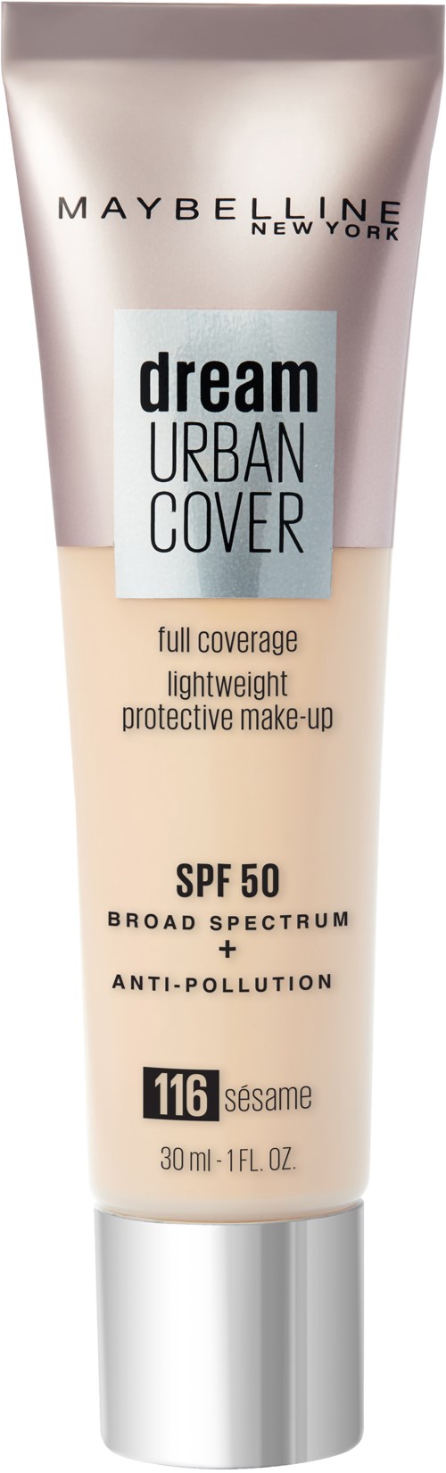 Maybelline Dream Urban Cover -meikkivoide, SPF 50, seesamimaku, 30 ml, kevyt suoja, täyteläisyys.