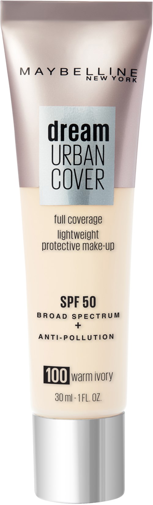 Maybelline Dream Urban Cover meikkiputki, SPF 50, täyttää, kevyt, lämpövaalea sävy.