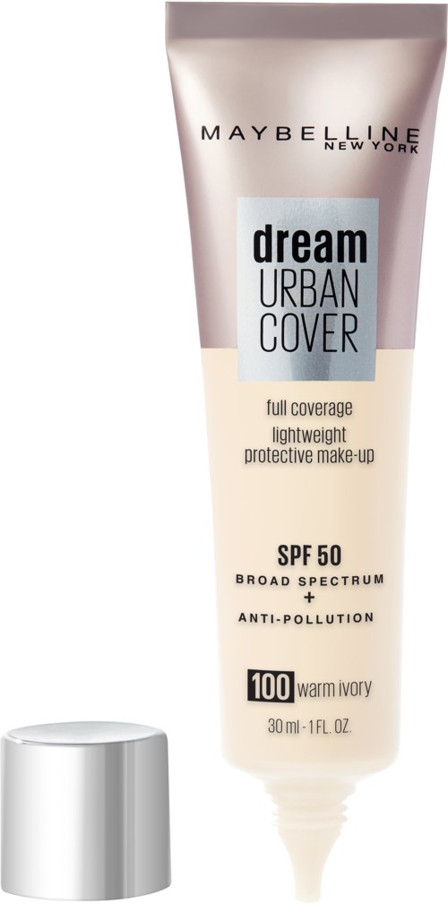 Maybelline Dream Urban Cover -meikkivoide, SPF 50, sävy Warm Ivory, tarjoaa kevyttä suojaa iholle.