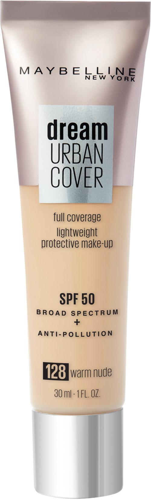 Maybelline Dream Urban Cover -meikkivoide, SPF 50, täyttä peittoa, väri 128 warm nude.