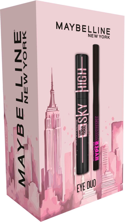 Maybelline New York zestaw do rzęs w różowym opakowaniu z ilustracją miasta z wysokimi niebiosami i hiper głębokimi odcieniami.