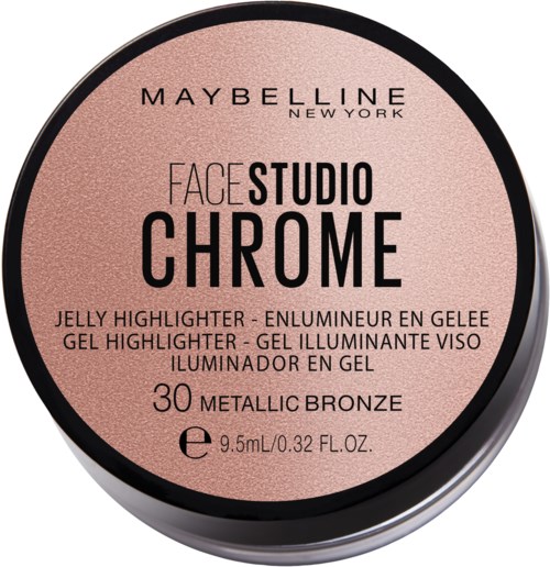 En Maybelline ansikts highlighter kallad Studio Chrome i metalliskt brons, med rosa förpackning och 9,5 ml storlek.