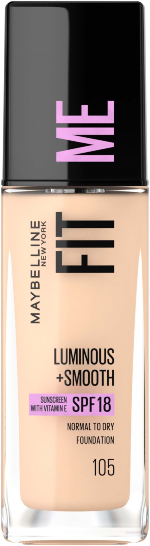 A foundation bottle with black cap and beige liquid, labeled 'Maybelline Fit Me Luminous + Smooth' with SPF 18.