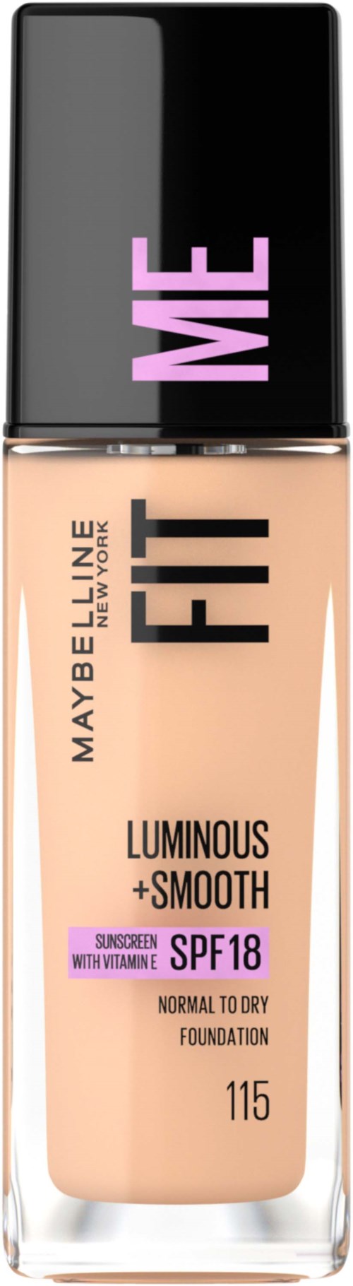 En flaske med Maybelline Fit Me foundation, merket som lys og glatt, med SPF 18, i farge 115.