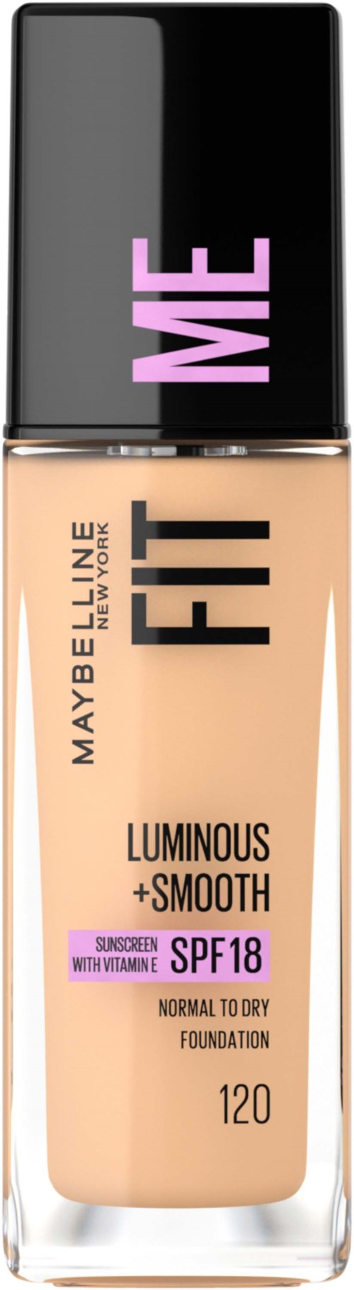 Maybelline-meikkivoidepullo, jossa lukee 'FIT ME' ja 'LUMINOUS + SMOOTH', SPF 18, sävy 120.