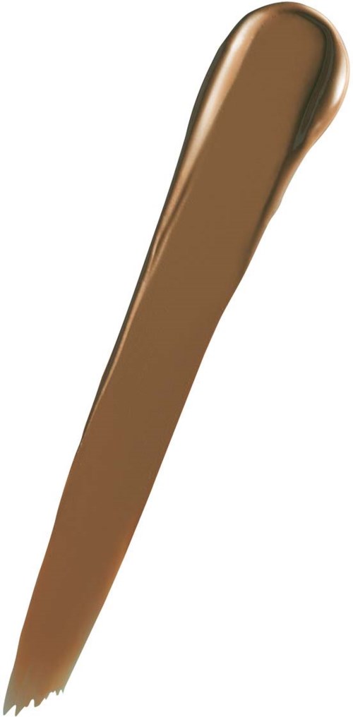 A brown, elongated object with a rounded, shiny end, resembling a hotdog or sausage. It is standing upright.