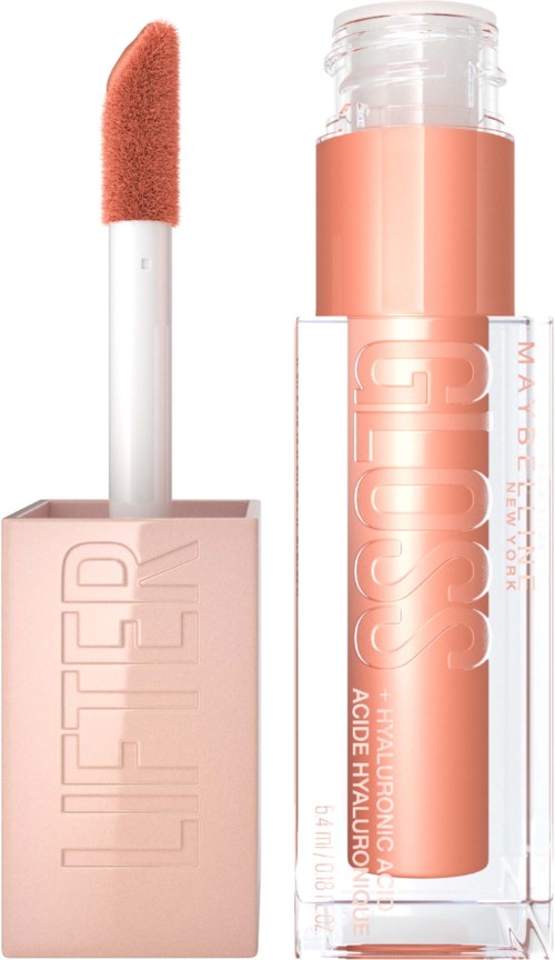 A pink lipstick with a sponge applicator next to a clear tube of lip gloss. The lipstick has the word 'LIFTED' embossed.