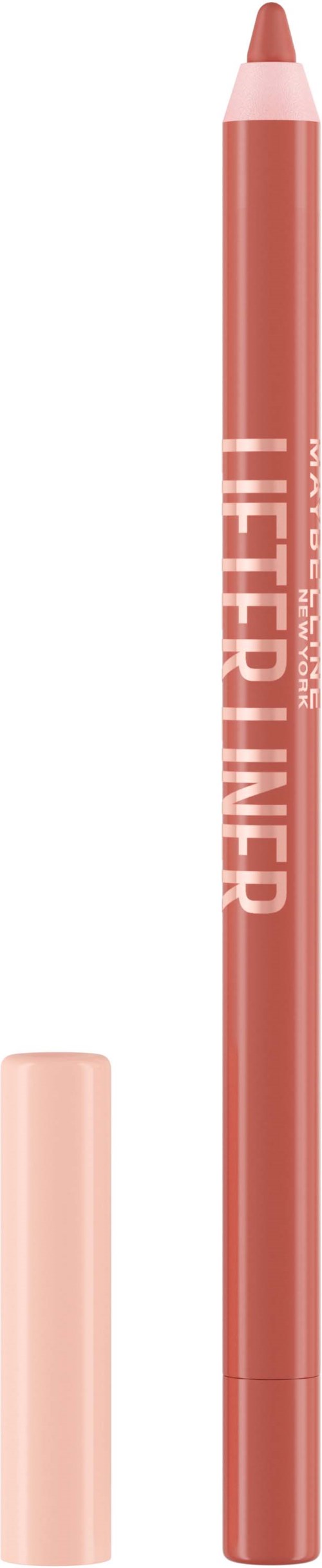 En rosa leppestiftblyant med lokk, merket "LIP LINER" langs kroppen, står opp.