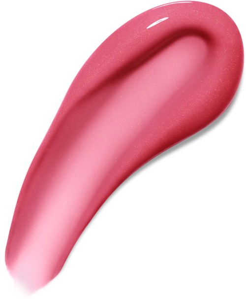 Pinkki, kiiltävä, kaareva kosmeettinen tuote, mahdollisesti huulipuna tai huulikiilto.