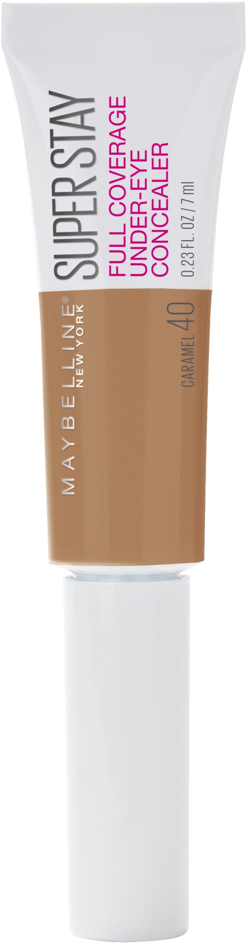En tub med Maybelline Super Stay full coverage foundation, nummer 40, visar beigefärgad vätska inuti.