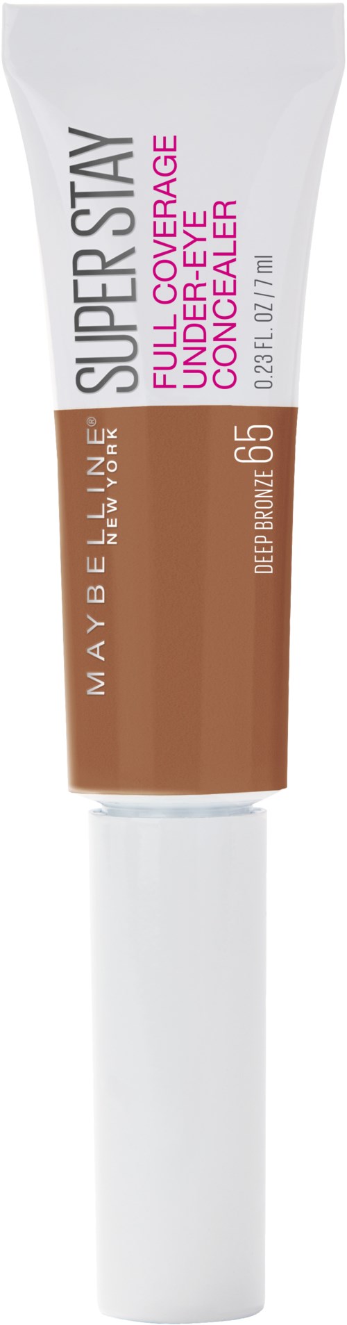 En tub med Maybelline Superstay full coverage foundation i nyansen 65, med vitt lock och brunt rördesign.