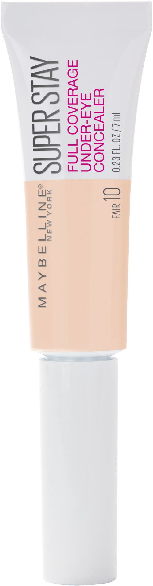 En tub med Maybelline foundation i beige färg med vit lock, märkt för full täckning och SPF 10.