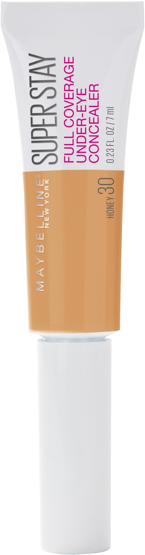 En tub med Maybelline Super Stay full coverage foundation i nyans 30 med vit kork.