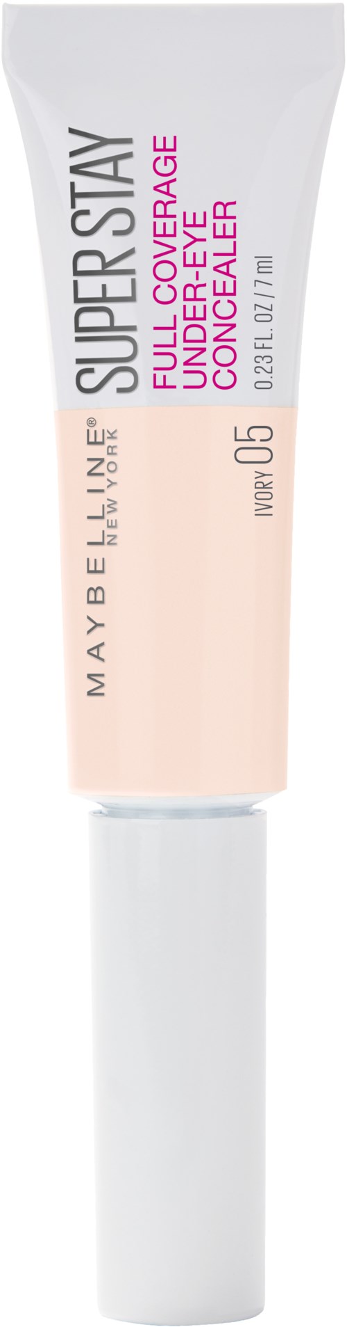 En tub med Maybelline Super Stay full coverage foundation, med rosa och svart text på en vit tub.