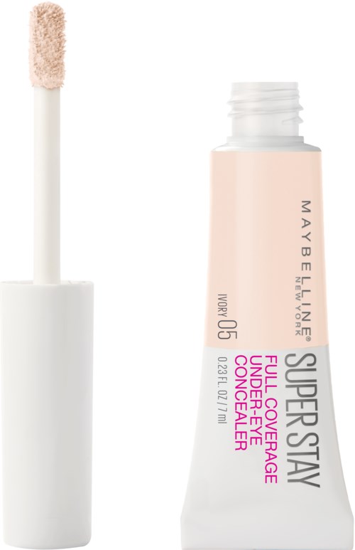 En tub med Maybelline Superstay full coverage concealer för mörka ringar under ögonen med applikatorborste.