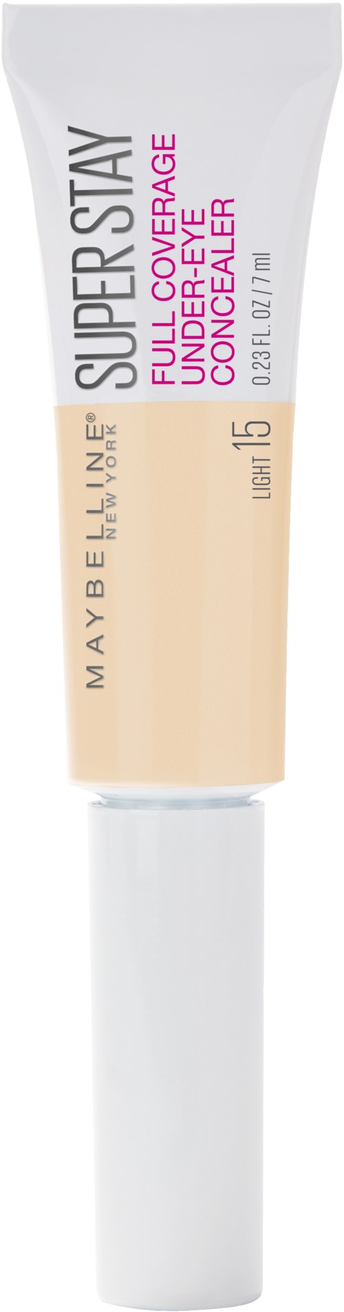 En tub med Maybelline Super Stay täckande foundation med SPF 15, i en mest vit och rosa design.